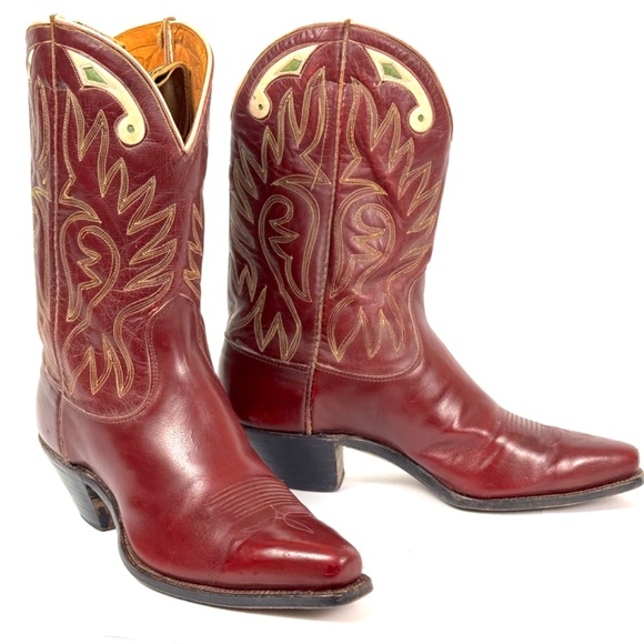 Justin Burgundy 50's Pee Wee Cowboy Boots - Womens Size 6.5B Inlaid Cloth Pulls - Picture 12 of 16